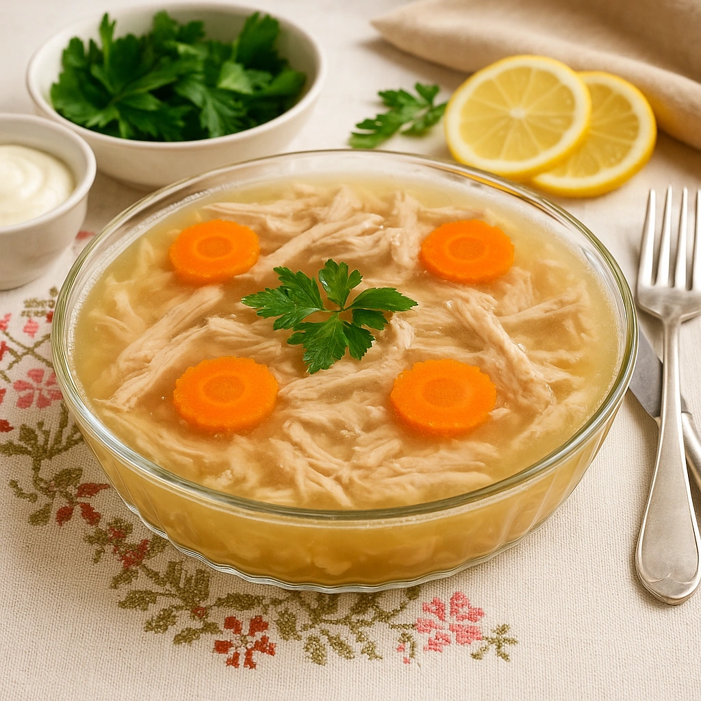 Готовий курячий холодець у тарілці з морквою та зеленню