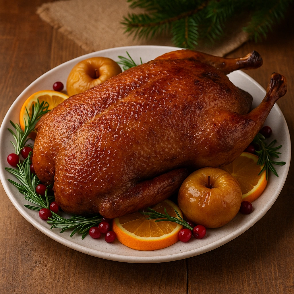 Запечена гуска з хрусткою скоринкою на святковій тарілці з яблуками та розмарином