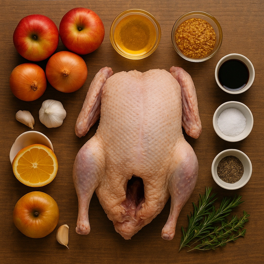 Інгредієнти для приготування гуски в духовці — гуска, яблука, цибуля, мед, спеції