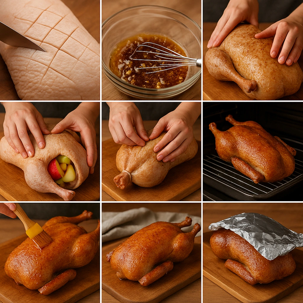 Покрокове приготування гуски в духовці — насічка шкірки, маринад, запікання й глазурування