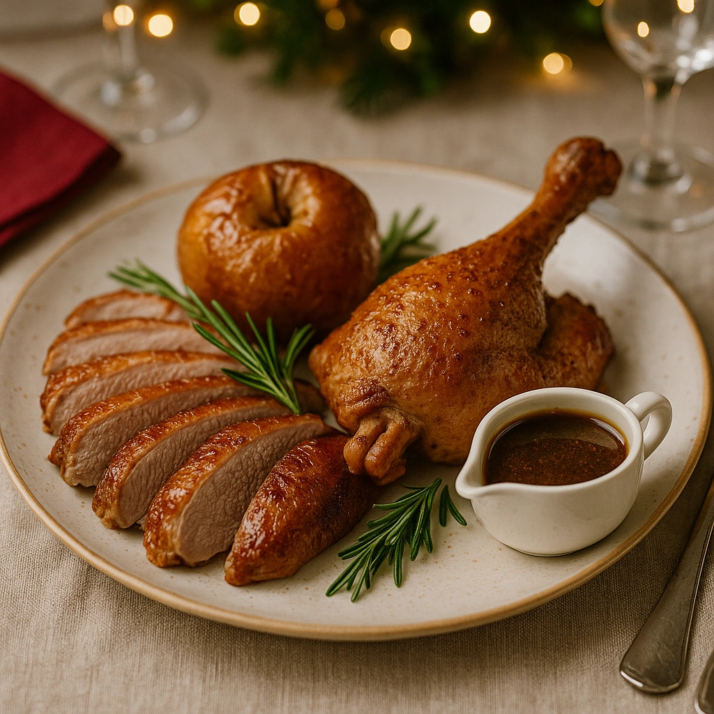 Подача запеченої гуски з яблуком і соусом грейві