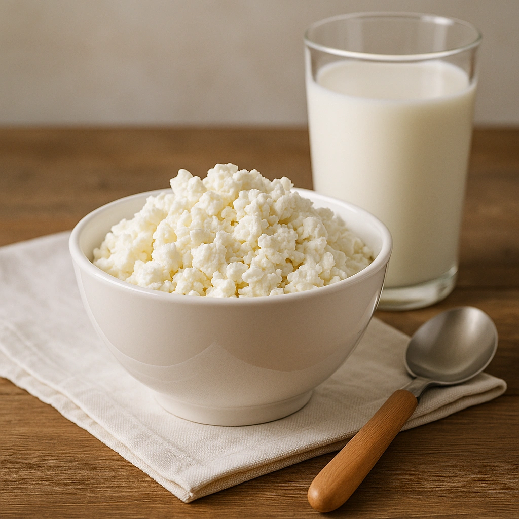 Домашній сир у білому посуді поруч із молоком