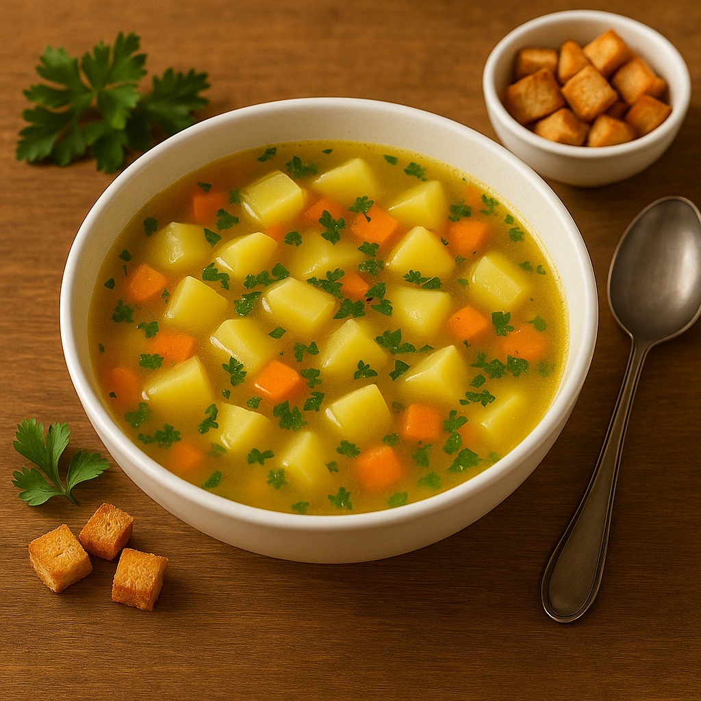 Подача картопляного супу з грінками