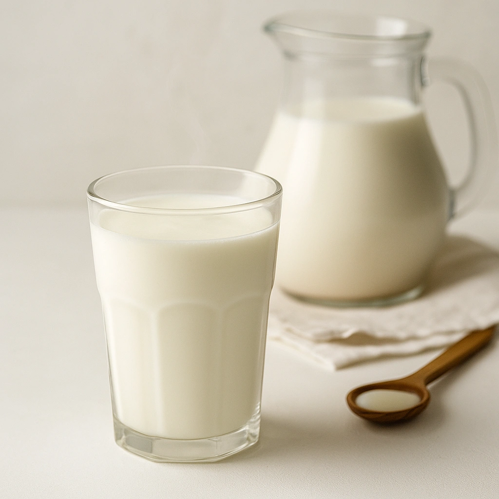 Домашній кефір у склянці поруч із глечиком молока