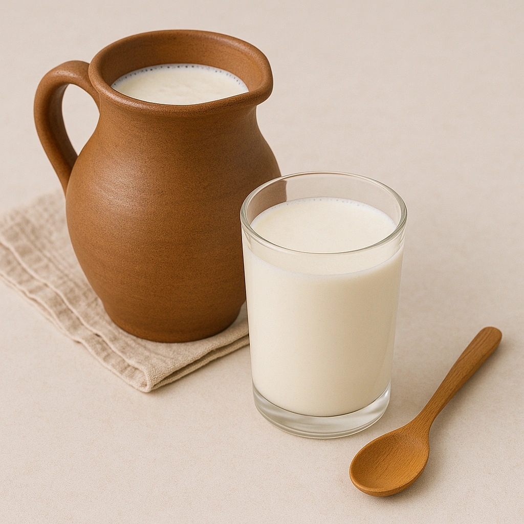 Глечик і склянка домашнього кефіру на столі