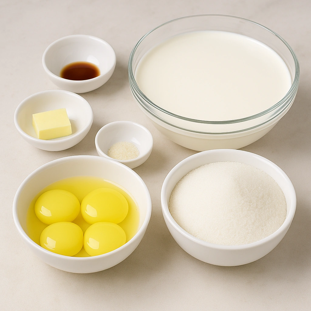 Інгредієнти для крем-брюле: молоко, вершки, цукор, жовтки, ваніль, масло