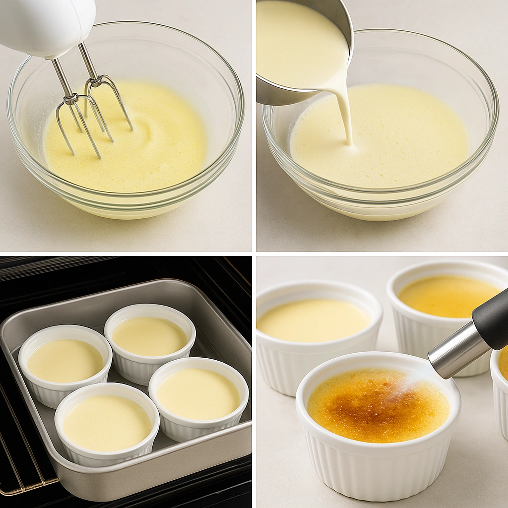 Покрокове приготування крем-брюле: збивання жовтків, додавання молочної суміші, випікання та карамелізація
