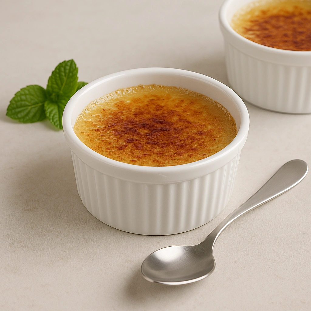 Крем-брюле з карамельною скоринкою, поданий із гілочкою м’яти та ложкою