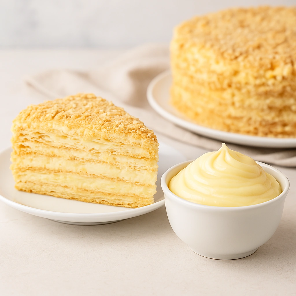 Подача торта «Наполеон» із заварним кремом