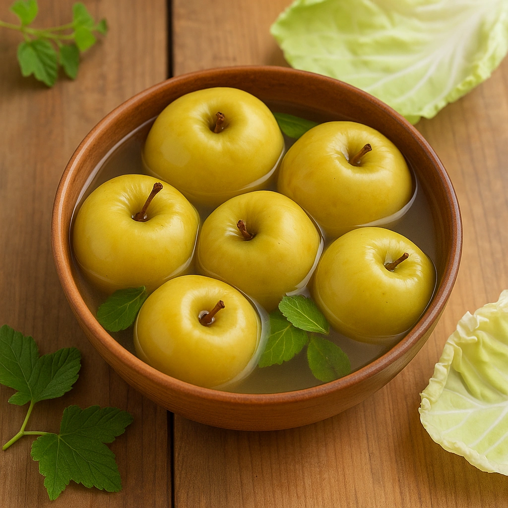 Квашені яблука в мисці з розсолом і листям смородини
