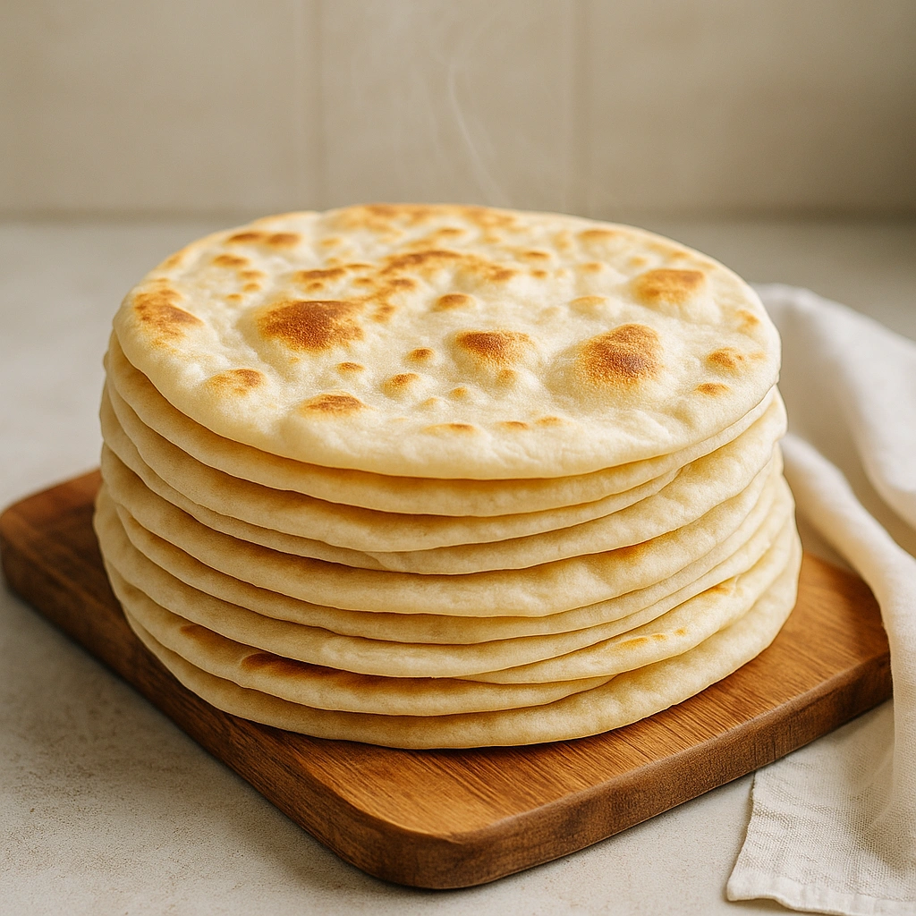 М’який домашній лаваш, викладений стопкою на дерев’яній дошці