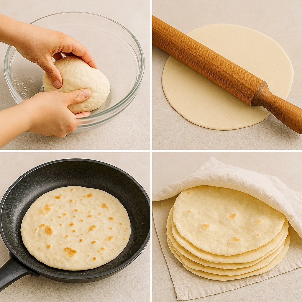 Етапи приготування лаваша на сковороді — колаж