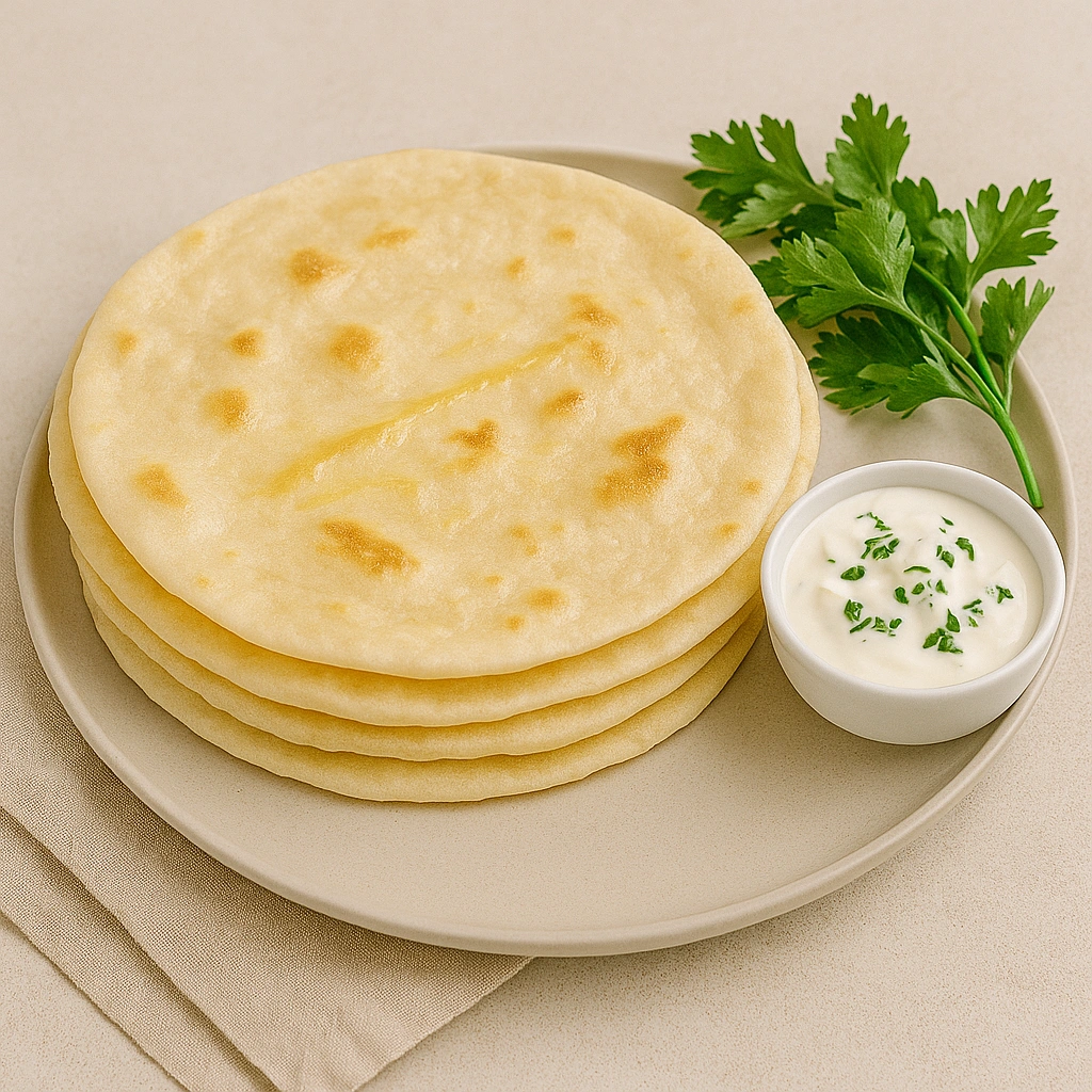 Готовий тонкий лаваш на тарілці з соусом і зеленню