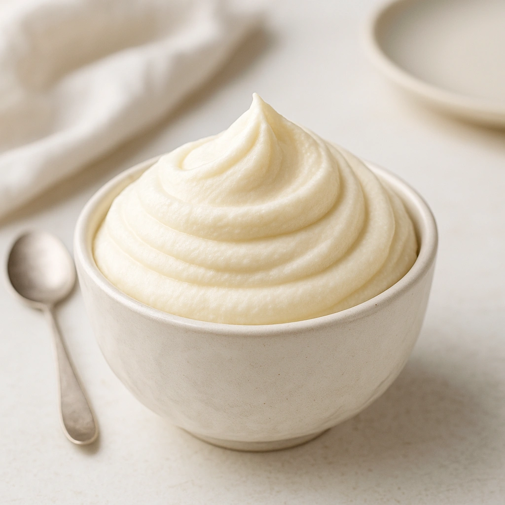 Манний крем у білій мисці на світлому фоні
