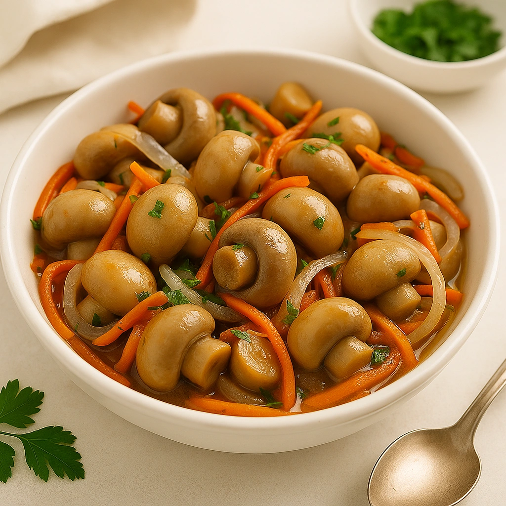 Готові печериці по-корейськи в тарілці з морквою та зеленню