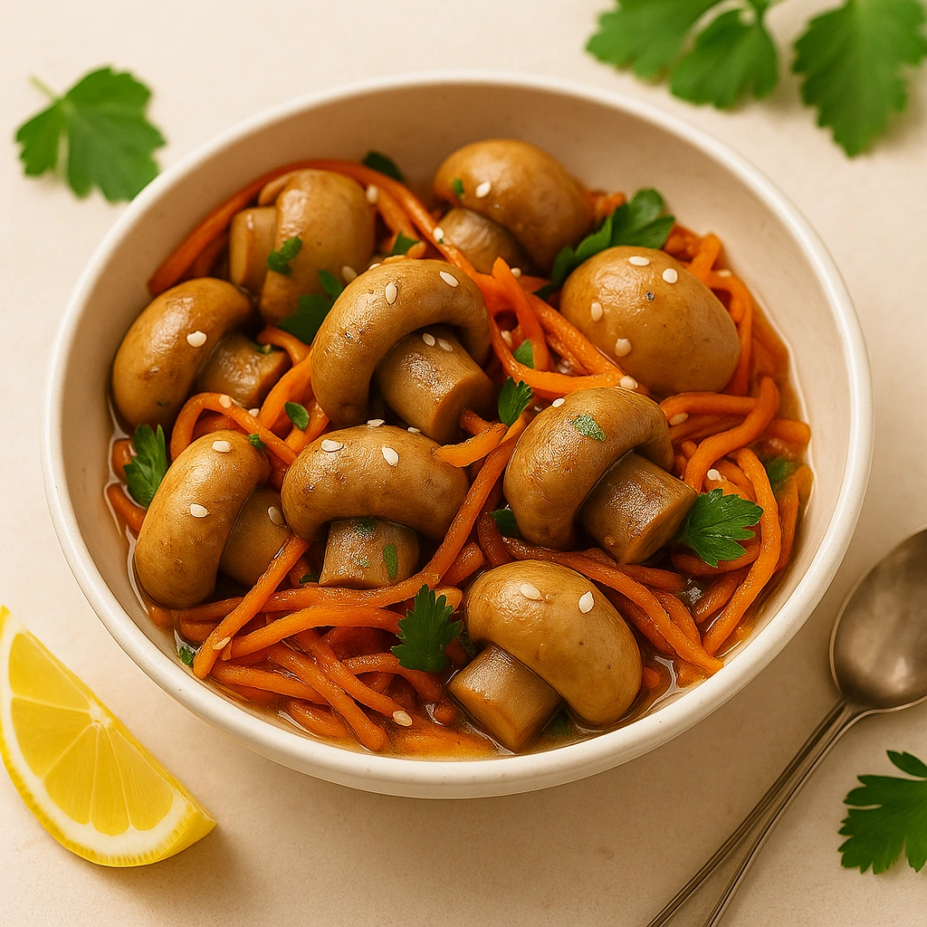 Подача печериць по-корейськи на тарілці з морквою, зеленню та кунжутом