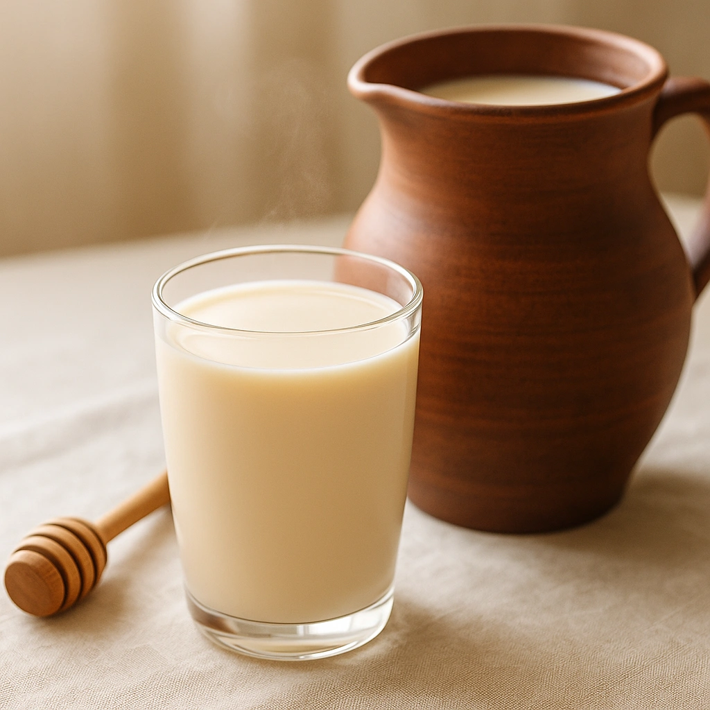 Склянка пряженого молока поруч із глиняним глечиком