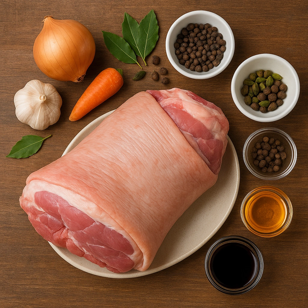 Сира свиняча рулька та овочі зі спеціями на столі