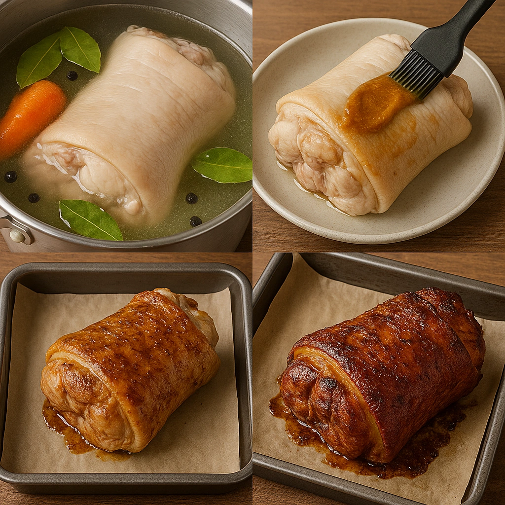 Колаж етапів приготування рульки — варіння, маринування та запікання