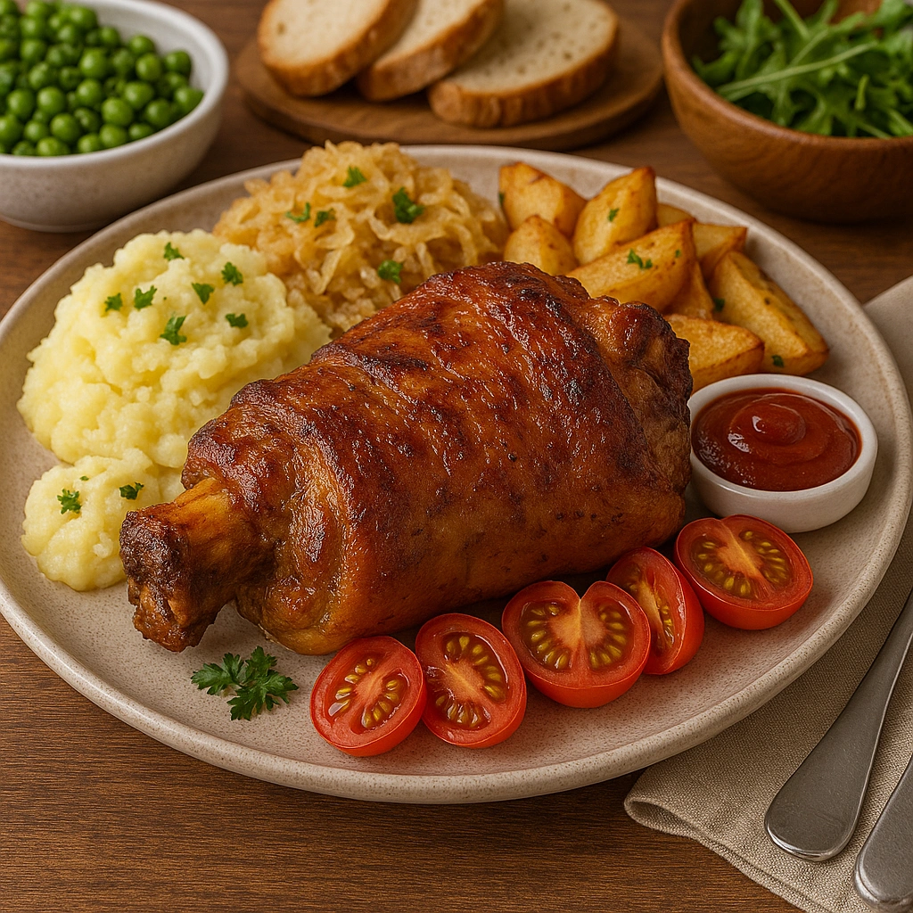 Рулька з гарнірами на святковому столі