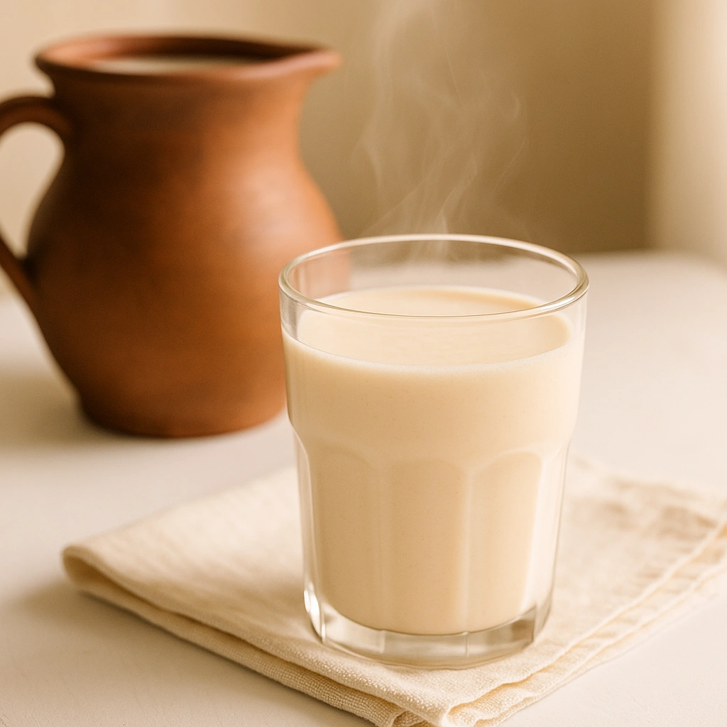 Домашня ряжанка у склянці поруч із глечиком топленого молока
