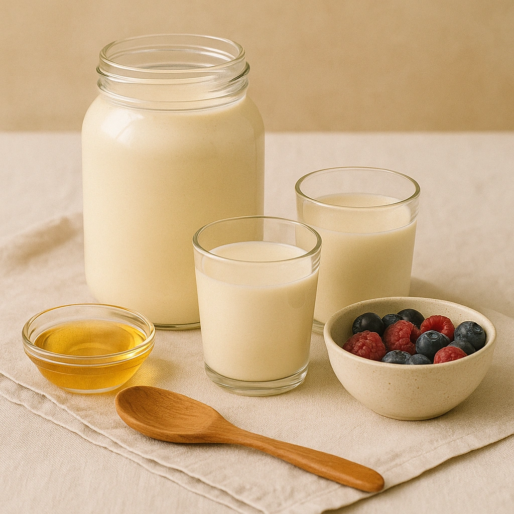 Подача домашньої ряжанки з медом і ягодами