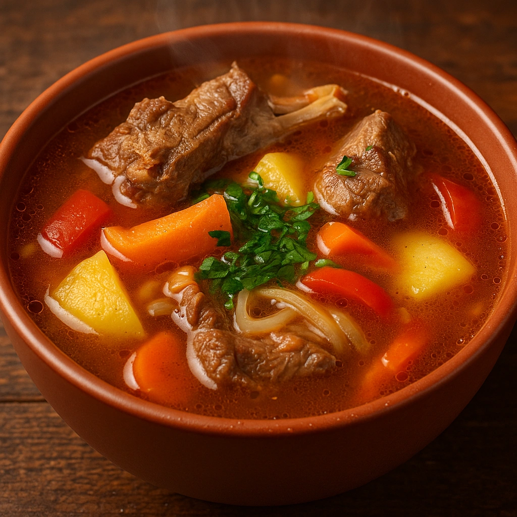 Суп шурпа у глибокій тарілці з м’ясом і овочами