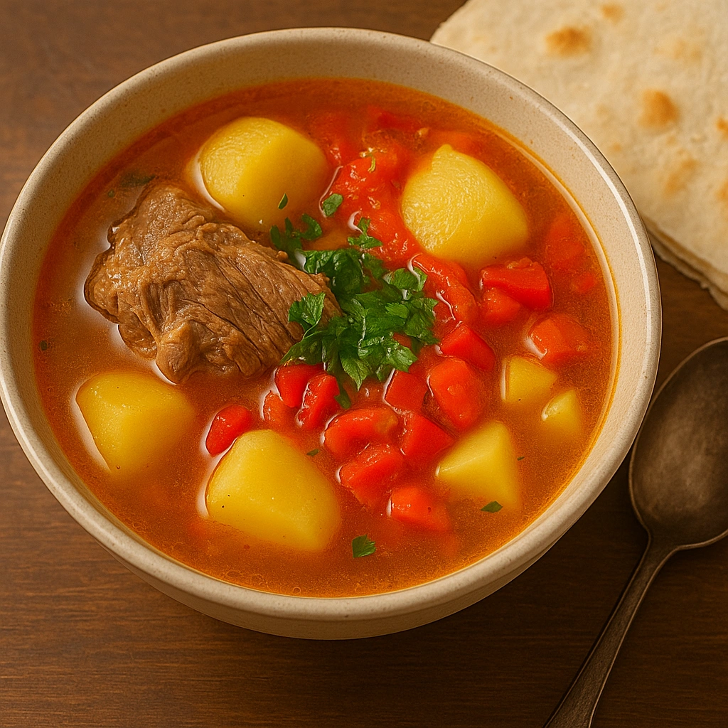 Подача шурпи з м’ясом, овочами та зеленню