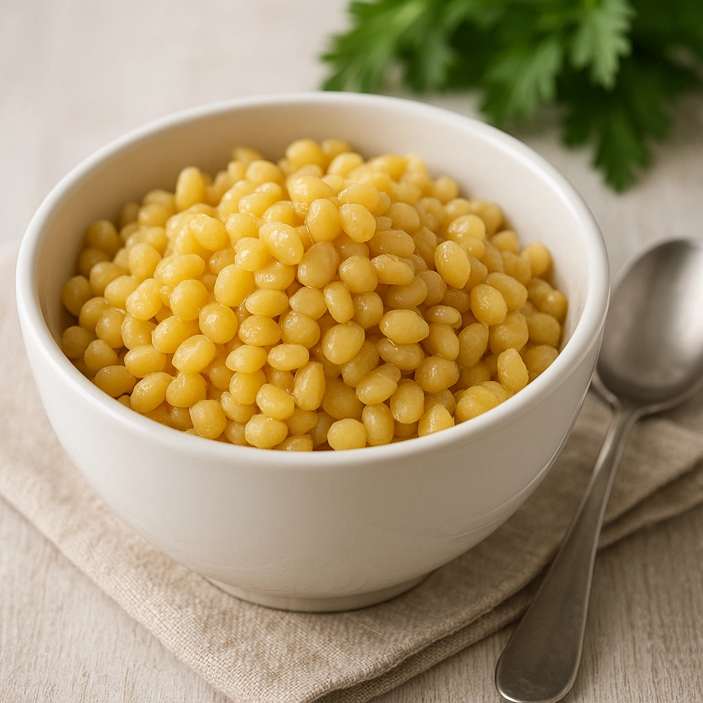 Відварений горох у білій мисці на світлому столі
