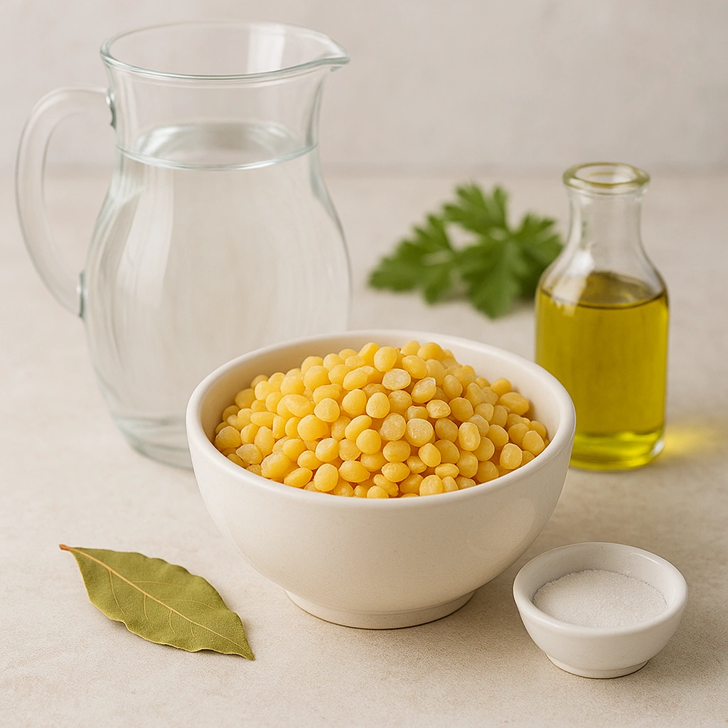 Інгредієнти для варіння гороху — горох, вода, олія, сіль і лавровий лист