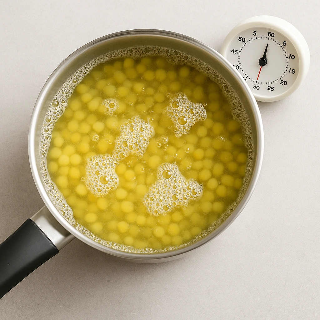 Каструля з киплячим горохом і кухонним таймером поруч