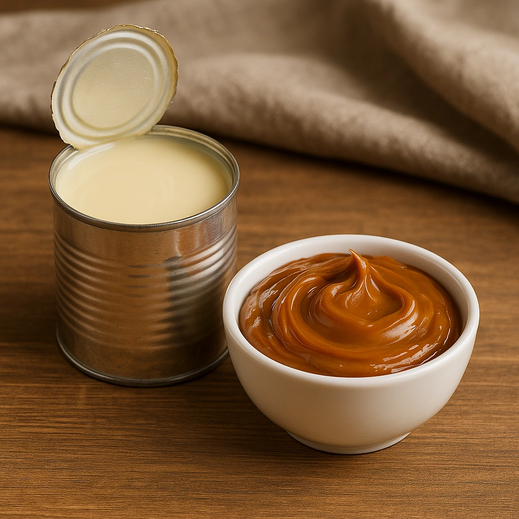 Відкрита банка згущеного молока та мисочка з вареним згущеним молоком