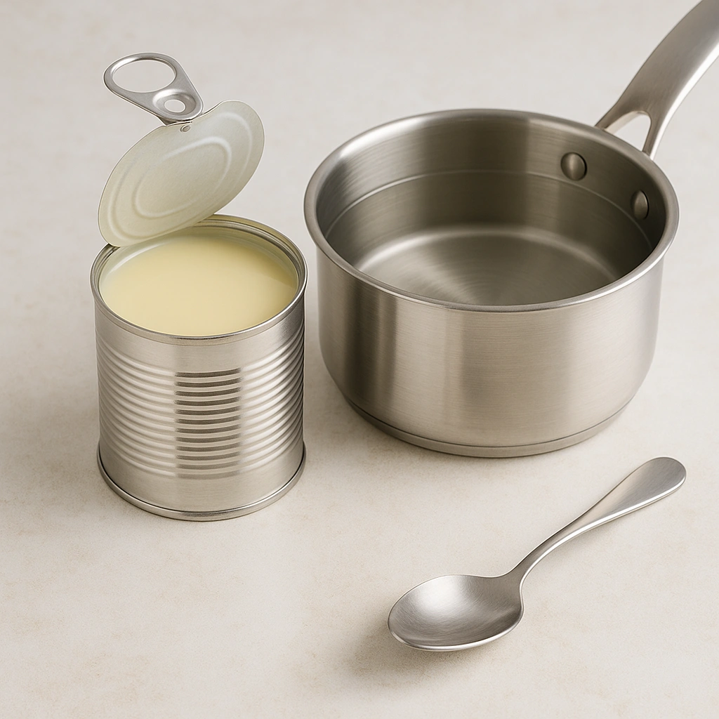 Банка згущеного молока та каструля з водою для варіння