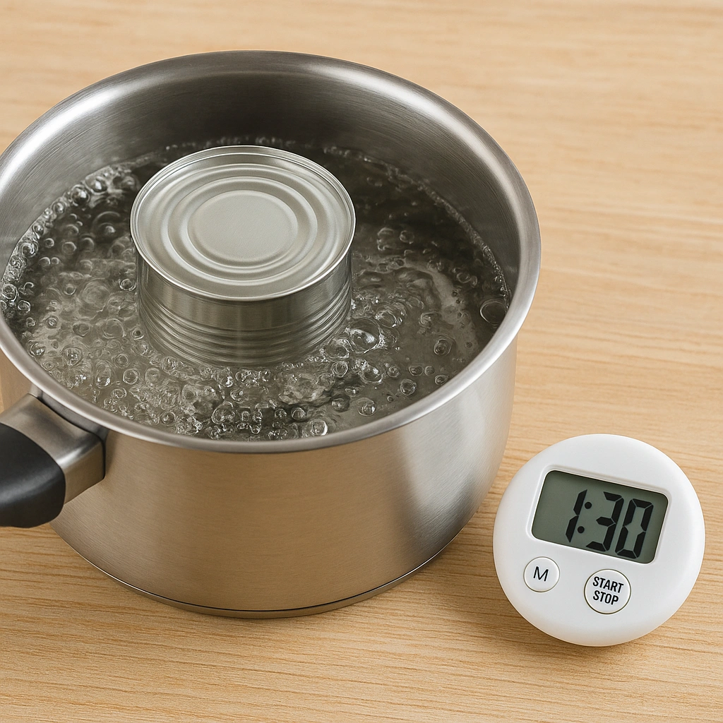 Банка згущеного молока вариться у каструлі поруч із таймером