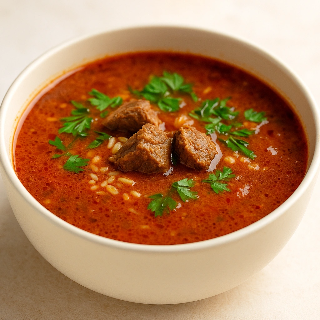 Суп харчо у тарілці з ароматною зеленню