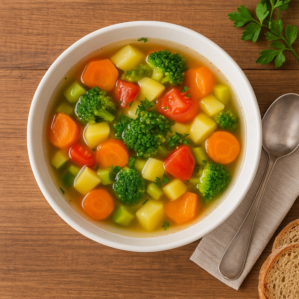 Овочевий суп у тарілці з морквою, броколі, картоплею та зеленню