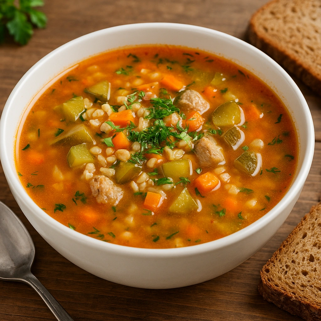 Суп розсольник у тарілці з огірками, перловкою та зеленню