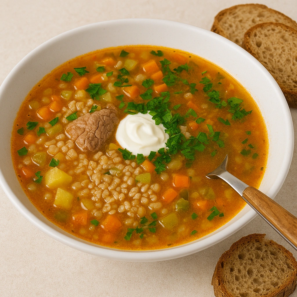 Подача супу розсольник із ложкою сметани та зеленню