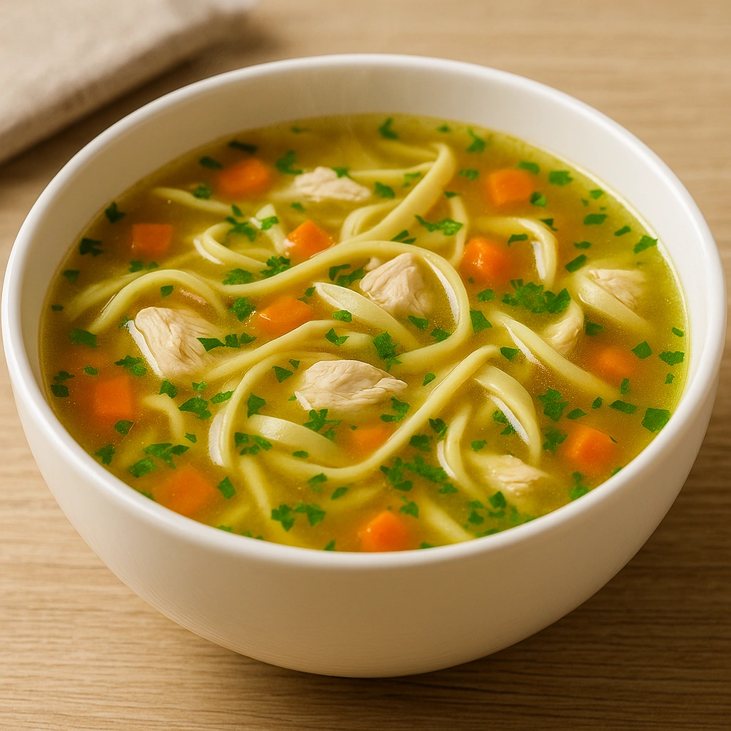 Суп з домашньою локшиною у тарілці крупним планом