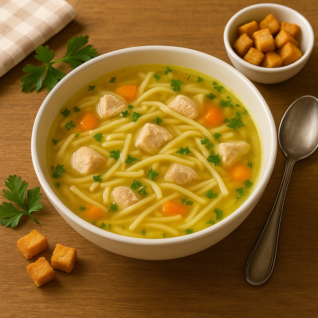 Подача супу з домашньою локшиною з грінками