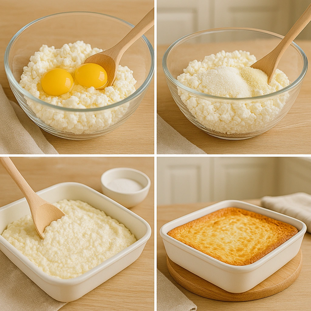 Покроковий процес приготування сирної запіканки — колаж