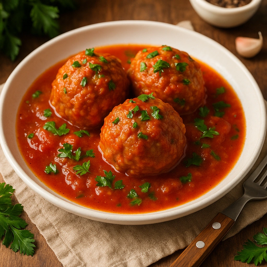 Тефтелі з рисом у томатному соусі, прикрашені свіжою петрушкою