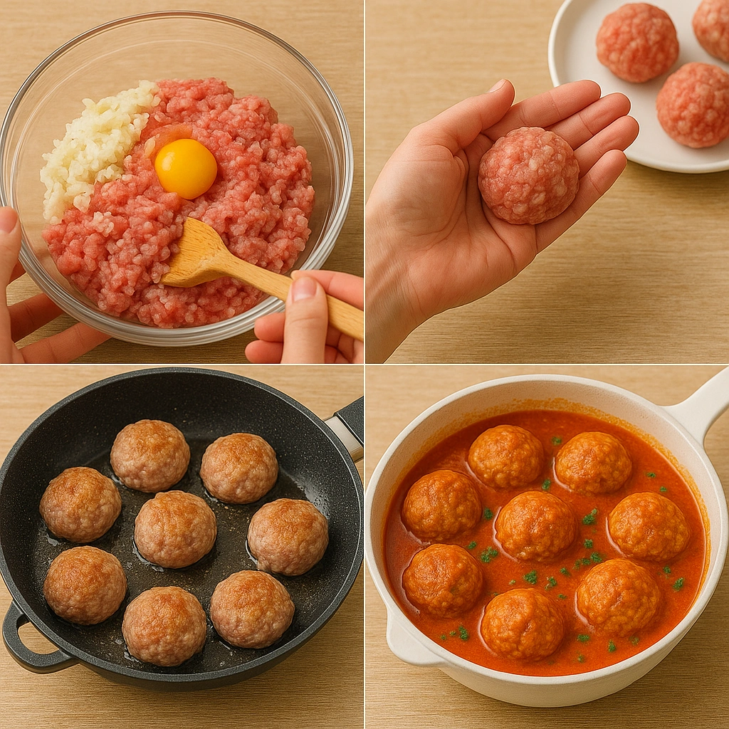 Колаж етапів приготування тефтелів з рисом