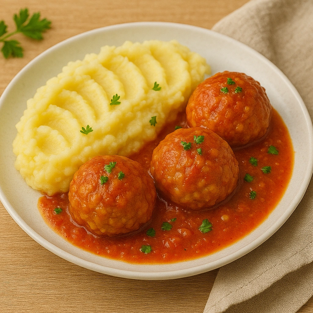 Тефтелі з рисом у соусі з картопляним пюре на тарілці