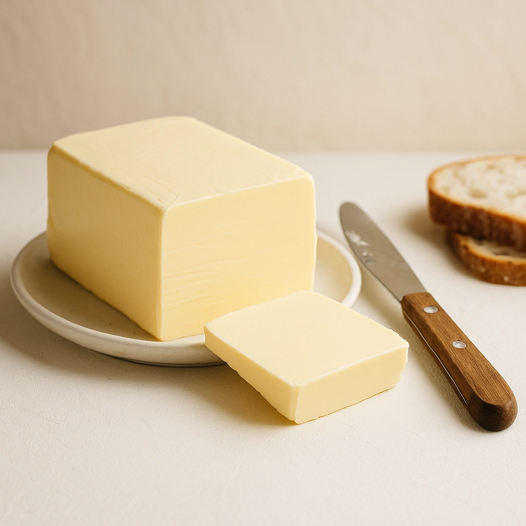 Домашнє вершкове масло на білому столі поруч із ножем і хлібом