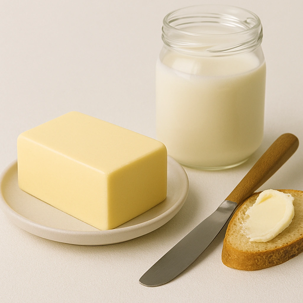 Вершкове масло на тарілці поруч із хлібом