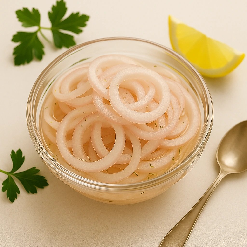 Маринована цибуля в піалі поруч із лимоном і зеленню