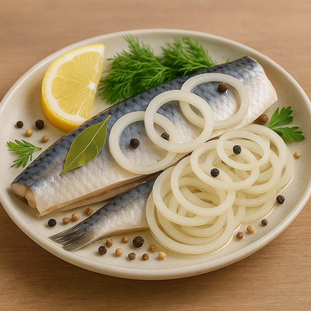 Маринований оселедець у тарілці з кільцями цибулі