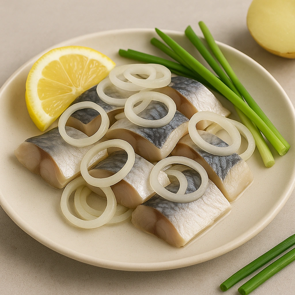 Порційна подача оселедця з цибулею та лимоном