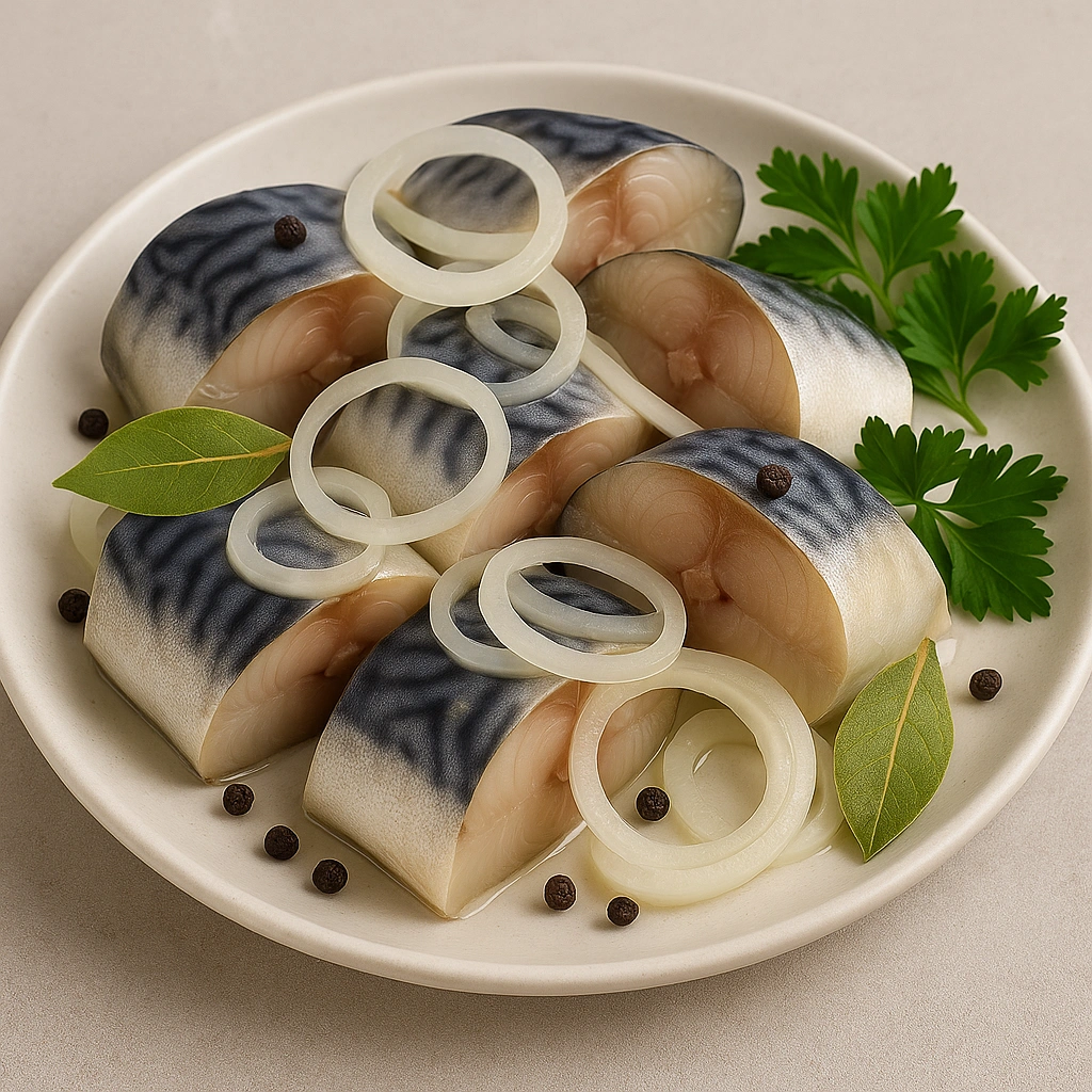 Маринована скумбрія на тарілці з цибулею та зеленню